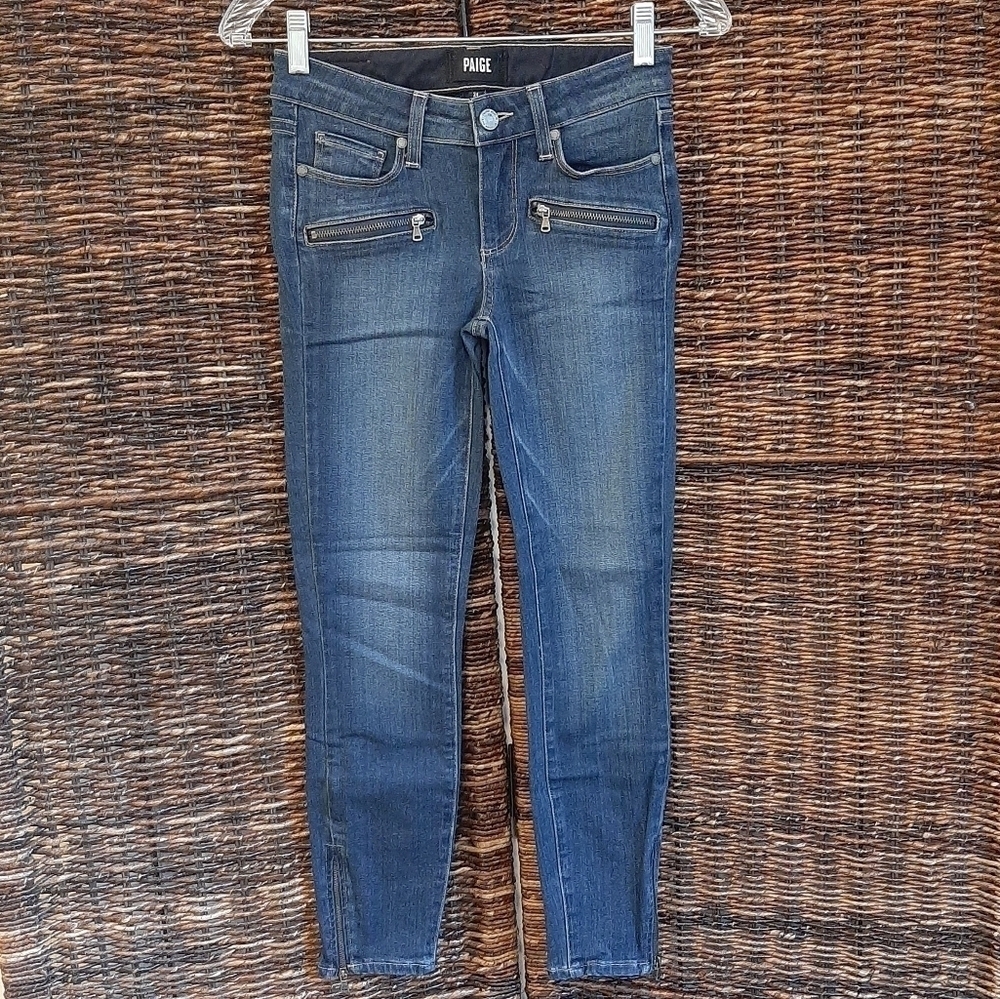 PAIGE Dark Blue Ankle Skinny Jeans with Zip Pockets